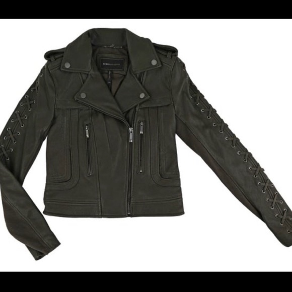 BCBG MaxAzria Genuine Leather Olive Coat with Lace Up XXS - Picture 4 of 16